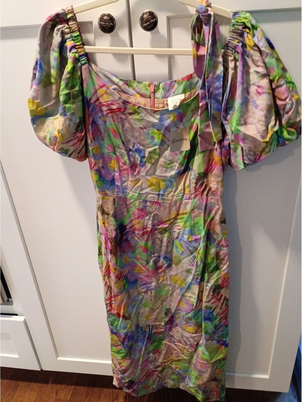 Anthropologie Multi-Color Puff Sleeve Midi Dress Size M
